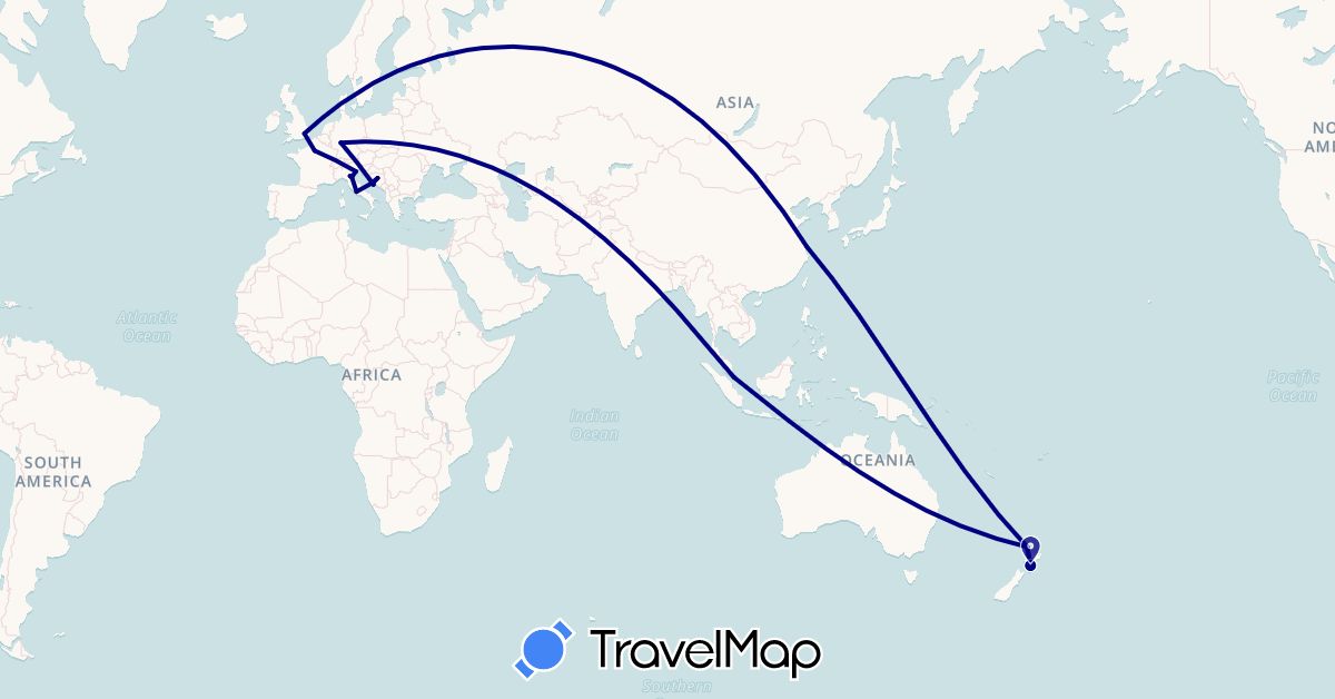 TravelMap itinerary: driving in Bosnia and Herzegovina, China, Germany, France, United Kingdom, Croatia, Italy, New Zealand, Singapore (Asia, Europe, Oceania)